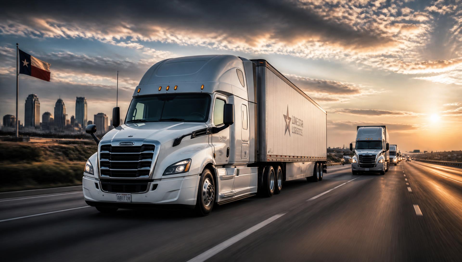 Hauling Matter semi trucks running a Texas interstate at sunrise