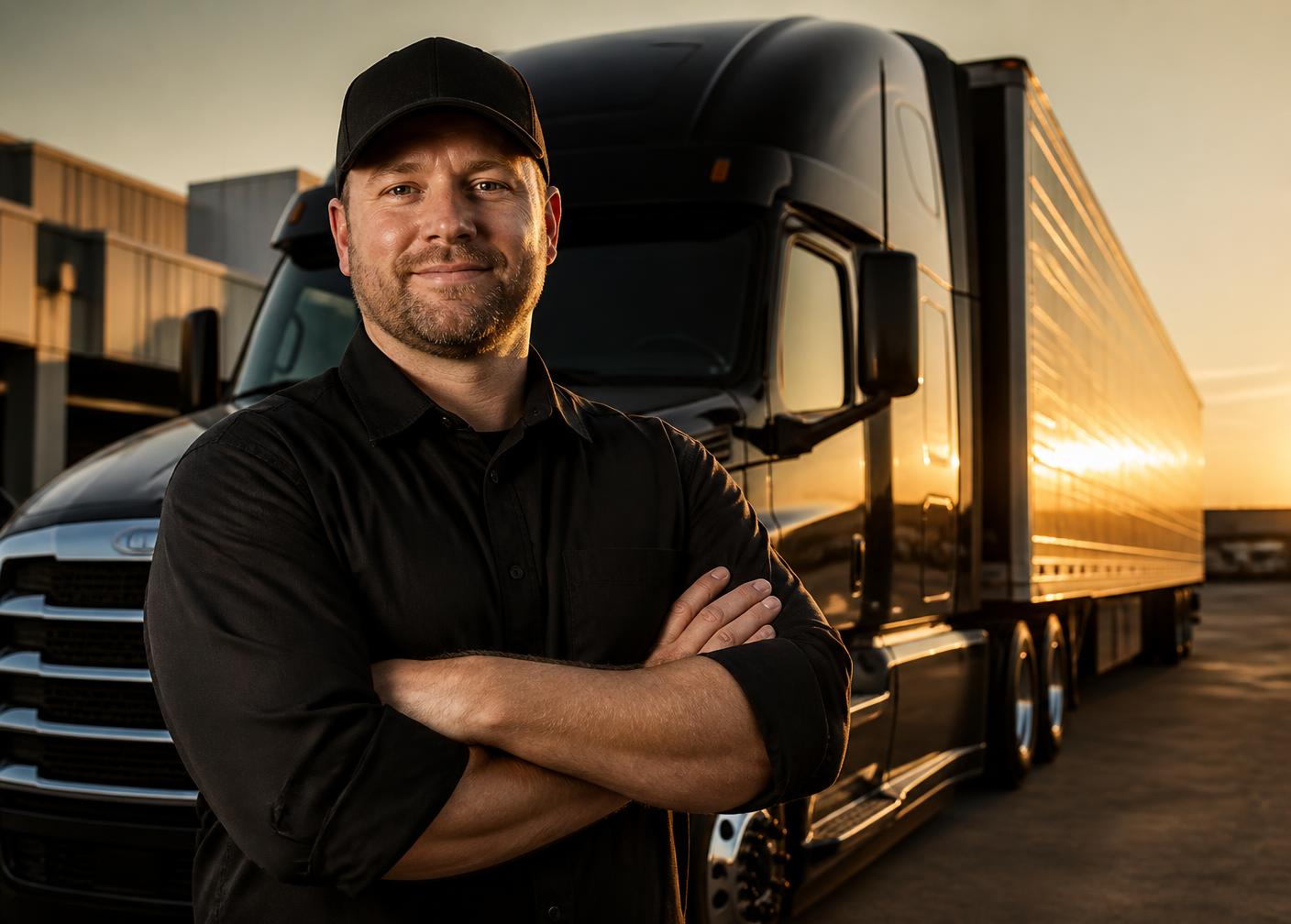 Hauling Matter LLC Class A CDL driver standing beside his tractor-trailer at golden hour